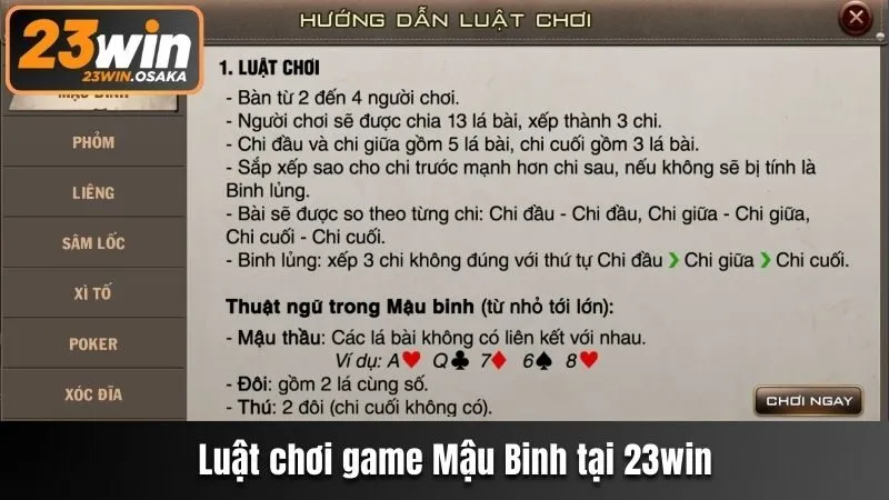 Nắm luật chơi Mậu binh tại nhà cái 23win